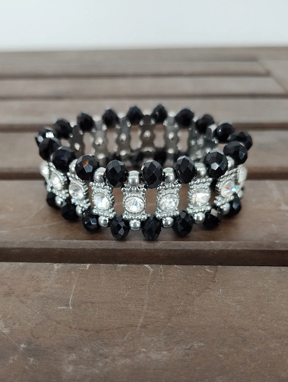 Black And Silver Tone Beaded Crystal Stretch Bracelet